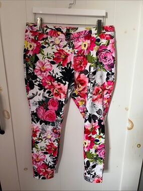 HUE Pink Floral Ankle Pull On Pants with Green Leaf Accents